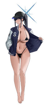 1girl alternate_costume alternate_hairstyle barefoot baseball_cap bikini black_bikini blue_archive blue_eyes blue_hair breasts cleavage feet halo hat highres jacket large_breasts legs long_hair looking_to_the_side navel open_clothes open_jacket opened_by_self parted_lips ponytail pulling_own_clothes saori_(blue_archive) sideboob solo swimsuit thighs thong_bikini toned