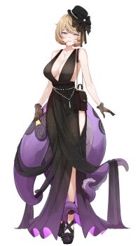1girl absurdres alternate_costume bare_shoulders black_bow black_dress black_gloves black_hat black_shoes blonde_hair blush bow breasts cleavage collarbone commentary double-parted_bangs dress footwear_bow full_body gloves hashtag-only_commentary hat hat_bow highres jewelry large_breasts looking_at_viewer necklace opm7760 purple_eyes shoes short_hair sleeveless sleeveless_dress solo standing tentacles yidhari_murphy zenless_zone_zero