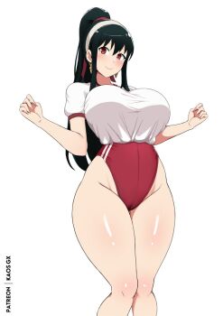 1girl black_hair blush breasts buruma closed_mouth commentary earrings feet_out_of_frame gold_earrings hairband high_ponytail highleg highleg_buruma jewelry kaos_art knees large_breasts long_hair looking_at_viewer ponytail red_buruma red_eyes shirt short_sleeves sidelocks simple_background smile solo spy_x_family standing thick_thighs thighs tight_clothes white_background white_hairband white_shirt yor_briar