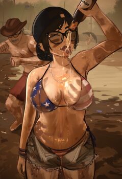 1girl 2boys absurdres alcohol american_flag american_flag_bikini american_flag_print animal beer bikini black_hair breasts car chest_hair crocodile crocodilian curvy dancing dirty dirty_clothes dirty_face ear_piercing facial_hair female_focus flag_print flag_print_bikini florida_(location) frayed_shorts glasses grey_hair handprint happy hat highres holding holding_animal jewelry large_breasts meme motor_vehicle mud multiple_boys mustache necklace open_clothes open_shorts party piercing print_bikini red_shorts rosen_(veyonis) shorts sunglasses swimsuit veyonis