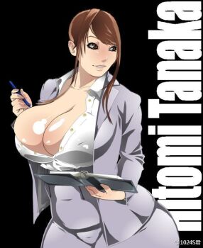 1girl artist_name black_background blouse breasts brown_eyes brown_hair bursting_breasts character_name cleavage collared_shirt derivative_work dragoon-rekka eyelashes female_focus formal_clothes huge_breasts japanese_(nationality) long_hair md5_mismatch no_bra office_lady open_clothes open_shirt pen pencil_skirt plump real_life realistic reference_work resized shirt shirt_tucked_in simple_background skindentation skirt skirt_suit solo suit swept_bangs tanaka_hitomi text_focus white_shirt