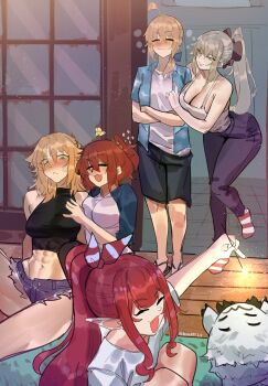 5girls abs absurdres ahoge artoria_pendragon_(fate) baobhan_sith_(fate) blonde_hair blue_eyes blush breasts closed_eyes commentary crossed_arms deccatezu denim denim_shorts english_commentary fang fate/grand_order fate_(series) fujimaru_ritsuka_(female) green_eyes grey_hair hair_between_eyes highres large_breasts medium_breasts mordred_(fate) morgan_le_fay_(fate) multiple_girls navel open_mouth orange_hair pants pointy_ears ponytail red_hair saber_(fate) sandals short_shorts shorts smile socks twitter_username yuri