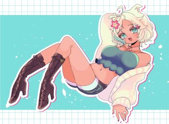 Rule 34 | 1girl, animal ear fluff, animal ears, aqua background, aqua eyes, aqua shirt, aqua streaks, arm behind head, artist request, bare shoulders, blonde hair, boots, breasts, brown boots, cardigan, commentary request, cropped shirt, dog ears, dog girl, flower, full body, grey shorts, hair flower, hair ornament, high heel boots, high heels, highres, indie virtual youtuber, lace-up boots, large breasts, legs, letterboxed, looking at viewer, midriff, mona meria, multicolored hair, navel, open cardigan, open clothes, open mouth, outline, outside border, parted bangs, second-party source, shirt, short hair, short shorts, shorts, sleeveless, sleeveless shirt, smile, solo, streaked hair, virtual youtuber, white outline, yellow cardigan
