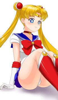 1girl bishoujo_senshi_sailor_moon blonde_hair blue_eyes blue_sailor_collar boots choker crescent crescent_earrings day_dreamer earrings heart heart_choker highres jewelry leotard leotard_peek magical_girl red_boots red_choker red_ribbon ribbon sailor_collar sailor_moon sailor_senshi sailor_senshi_uniform solo thighs tsukino_usagi twintails white_background