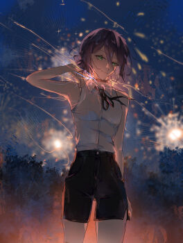 1girl absurdres black_choker black_ribbon black_shorts chainsaw_man choker closed_mouth collared_shirt cr3st0 fireworks green_eyes hair_bun highres looking_at_viewer neck_ribbon night outdoors purple_hair reze_(chainsaw_man) ribbon shirt shorts sleeveless sleeveless_shirt solo white_shirt