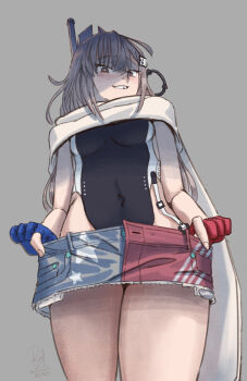 Rule 34 | 1girl, american flag, american flag print, blue gloves, blush, breasts, brown hair, chipped tooth, clothes lift, covered navel, dated, denim, denim skirt, flag print, from below, gloves, grey background, grin, hair between eyes, hair ornament, headgear, highres, kantai collection, lifting own clothes, long hair, looking at viewer, medium breasts, miniskirt, partially fingerless gloves, red gloves, ron (pixiv83091338), scarf, simple background, skirt, skirt lift, smile, solo, star (symbol), twitter username, wahoo (kancolle), white scarf