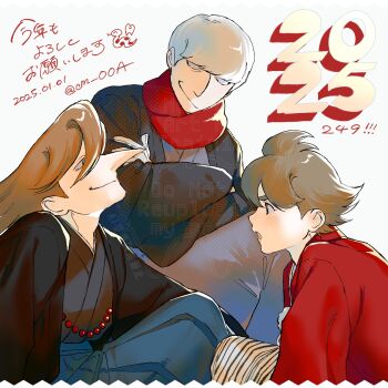 Rule 34 | 2025, albert heinrich, black kimono, brown eyes, brown hair, cm ooa, cyborg, cyborg 009, grey hair, hair over one eye, happy new year, highres, japanese clothes, jet link, kimono, long hair, looking at another, new year, orange hair, red kimono, red scarf, scarf, shimamura joe, short hair, white eyes