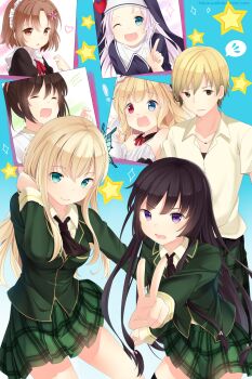&gt;:( 6+girls black_hair blonde_hair blue_eyes blush boku_wa_tomodachi_ga_sukunai brown_eyes hair_between_eyes hasegawa_kobato hasegawa_kodaka heterochromia highres hitsukuya kashiwazaki_sena kusunoki_yukimura long_hair long_sleeves maid mikazuki_yozora multiple_girls nun one_eye_closed open_mouth pink_hair pleated_skirt purple_eyes red_eyes school_uniform shirt short_hair skirt smile takayama_maria v v-shaped_eyebrows