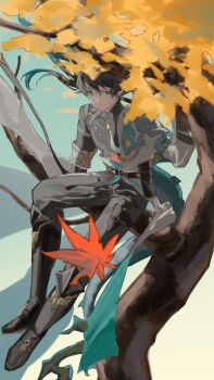 1boy akaguchi_35 autumn_leaves belt black_belt black_boots black_hair black_pants black_shirt blue_hair blue_sky boots branch bright_pupils chinese_clothes closed_mouth coat commentary_request constellation_print dan_heng_(honkai:_star_rail) dan_heng_(permansor_terrae)_(honkai:_star_rail) day earclip full_body gradient_hair grey_eyes hair_between_eyes hand_up highres honkai:_star_rail honkai_(series) leaf long_hair long_sleeves looking_at_viewer low_ponytail male_focus maple_leaf multicolored_hair official_alternate_costume official_alternate_hairstyle outdoors pants pointy_ears ponytail shirt sitting sky smile solo tree white_coat white_pupils zipper