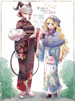 2026 2girls black_horns black_kimono black_tail blonde_hair blue_eyes blush breasts butterfly_hair_ornament commentary_request curled_horns demon_tail earrings feather_boa hair_ornament hat highres holding horns japanese_clothes jewelry kimono long_hair lt26 medium_breasts multicolored_hair multiple_girls nail_polish open_mouth phoebe_(wuthering_waves) red_eyes red_nails standing streaked_hair tail white_hat wuthering_waves zani_(wuthering_waves)