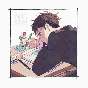 Rule 34 | 1boy, 1girl, ayase momo, black hair, black jacket, blue skirt, blush, book, brown eyes, brown hair, closed mouth, commentary request, dandadan, desk, elbow rest, eraser, flower, full body, gakuran, glasses, hands on own face, head on hands, head rest, highres, holding, holding pen, jacket, k ysd001, leaning forward, leaning on person, long sleeves, looking at another, mechanical pencil, medium hair, mini person, minigirl, open book, open mouth, pen, pencil, pleated skirt, round eyewear, sailor collar, school uniform, serafuku, shirt, short hair, size difference, skirt, standing, takakura ken (dandadan), upper body, watermark, white sailor collar, white shirt