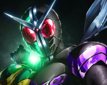 1boy armor black_armor black_helmet green_armor green_helmet helmet highres kabashima_yousuke kamen_rider kamen_rider_double kamen_rider_double_(cyclonejoker) kamen_rider_w looking_at_viewer male_focus red_eyes scarf solo tokusatsu upper_body