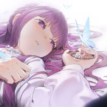 1girl absurdres blue_butterfly blunt_bangs bracelet bug butterfly commentary craizuss fern_(sousou_no_frieren) hand_on_own_chest high_collar highres holding holding_jewelry insect jewelry long_hair looking_to_the_side lying on_back open_hand parted_lips purple_eyes purple_hair robe simple_background solo sousou_no_frieren teeth upper_body white_background white_robe