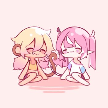 2girls =_= ahoge animal_ears black_hair blonde_hair blush blush_stickers camila_(vtuber) chibi closed_eyes closed_mouth commentary crop_top dark-skinned_female dark_skin detached_ahoge facial_mark fang full_body gradient_hair highres indie_virtual_youtuber intertwined_tails koko_d._nuts long_hair mats_kuro midriff monkey_ears monkey_girl monkey_tail multicolored_hair multiple_girls pink_hair pointy_ears shirt simple_background sitting sleeveless sleeveless_shirt smile split_mouth streaked_hair striped_tail tail triangle triangle_facial_mark twintails virtual_youtuber white_hair white_shirt yellow_shirt