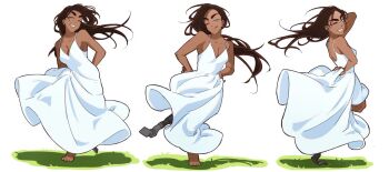 1girl ;q alien_stage alternate_costume barefoot brown_hair commentary dark-skinned_female dark_skin dress english_commentary grey_eyes hands_on_own_hips hyuna_(alien_stage) kuradrawings long_dress multiple_views one_eye_closed prosthesis prosthetic_leg sleeveless sleeveless_dress smile tongue tongue_out white_dress