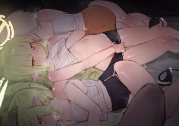 1boy 3girls aoba_(blue_archive) black_shorts blue_archive blush camisole dark-skinned_male dark_skin demon_tail dolphin_shorts green_hair green_halo halo highres hikari_(blue_archive) implied_fellatio loli long_hair looking_at_viewer lying multiple_girls navel nozomi_(blue_archive) on_back on_side orange_shorts pointy_ears pov shorts tail theflatfacadeds white_camisole white_hair yellow_eyes yellow_halo