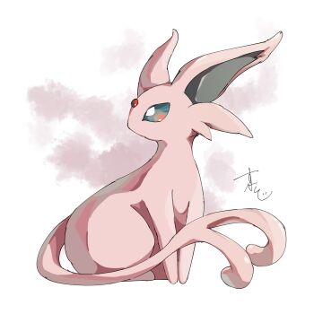 Rule 34 | animal ears, blue eyes, espeon, forehead jewel, forked tail, gem, gen 2 pokemon, highres, looking to the side, nintendo, no humans, pokemon, pokemon (creature), purple fur, red gem, sitting, supiraji penpen, tail, white background