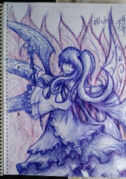 1girl capelet commentary commentary_request dated dress frilled_dress frilled_sleeves frills from_side hair_bobbles hair_ornament hatching_(texture) herushiart highres holding holding_staff long_hair long_sleeves looking_at_viewer monochrome multiple_wings one_side_up open_mouth shinki_(touhou) side_ponytail signature smile solo spanish_commentary staff touhou touhou_(pc-98) traditional_media wide_sleeves wings