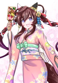 1girl :3 animal_ears blue_eyes blush braid braided_hair_rings breasts brown_hair ear_covers floral_print floral_print_kimono hagoita hair_between_eyes hair_rings highres holding holding_paddle horse_ears horse_girl horse_tail japanese_clothes kimono long_hair looking_at_viewer mismatched_ear_covers mole mole_under_eye multicolored_hair murasame_ryuu obi open_mouth paddle pink_kimono print_kimono ribbon sash smile solo streaked_hair tail twintails umamusume vivlos_(umamusume)