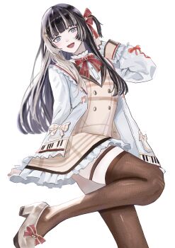 Rule 34 | 1girl, :d, absurdres, ass, black hair, blue eyes, blunt bangs, bow, bowtie, breasts, brown dress, brown sailor collar, brown shoes, brown thighhighs, buttons, commentary request, cosplay, dhbwinner, double-breasted, dress, frilled jacket, frills, grey hair, hair ribbon, hand up, highres, hime cut, hololive, hololive dev is, jacket, juufuutei raden, long hair, long sidelocks, looking at viewer, multicolored hair, one side up, open mouth, otonose kanade, otonose kanade (1st costume), otonose kanade (cosplay), plaid clothes, plaid dress, red bow, red bowtie, red ribbon, ribbon, sailor collar, shirt, shoes, sidelocks, simple background, small breasts, smile, solo, straight hair, thigh strap, thighhighs, thighs, two-tone hair, virtual youtuber, white background, white jacket, white sailor collar, white shirt