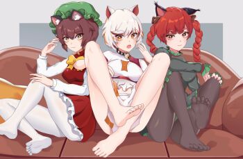 3d 3girls :3 :o absurdres animal_ear_fluff animal_ears bad_anatomy black_legwear bow bowtie braid breasts brown_eyes brown_hair calico_(pattern) callmaichi cat_ears chen couch dress feet goutokuji_mike green_dress grey_background hat highres kaenbyou_rin long_hair looking_at_viewer medium_breasts midriff mob_cap multicolored_hair multiple_girls open_mouth pantyhose red_dress red_eyes red_hair short_hair silver_hair simple_background sitting streaked_hair toes touhou trait_connection twin_braids twintails white_legwear yellow_neckwear