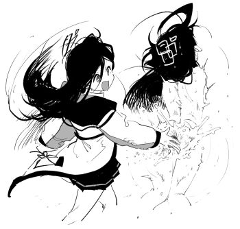 2girls aris_(blue_archive) asahina_yoshitoshi blue_archive completely_nude greyscale hair_between_eyes halo highres jacket kei_(blue_archive) loli long_hair long_sleeves monochrome multiple_girls nude open_mouth rectangular_halo simple_background skirt smile spanking sweat white_background