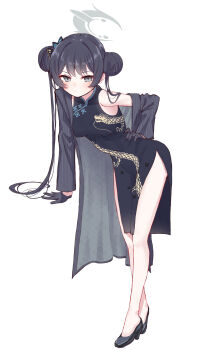 Rule 34 | 1girl, :/, absurdres, black dress, black gloves, black hair, blue archive, blush, breasts, butterfly hair ornament, china dress, chinese clothes, coat, coat partially removed, double bun, dragon print, dress, full body, gloves, grey coat, hair bun, hair ornament, hand on own hip, high heels, highres, invisible table, kisaki (blue archive), leaning forward, long hair, looking at viewer, pelvic curtain, pinstripe pattern, simple background, single bare shoulder, sleeveless, sleeveless dress, small breasts, solo, take-run-atelier, twintails, v-shaped eyebrows, very long hair, white background