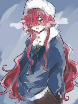 Rule 34 | 1girl, blue eyes, blush, breath, commentary request, fog, fur trim, hair over one eye, hands in pockets, hat, highres, kurebi, long hair, one eye covered, red hair, reverse:1999, snowing, solo, ushanka, winter clothes, yenisei (reverse:1999)