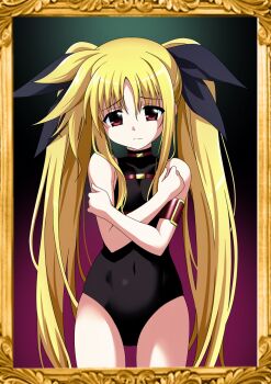 1girl arm_strap bare_arms black_leotard black_ribbon blonde_hair border choker covered_navel cowboy_shot embarrassed fate_testarossa gesugesu_ahoaho gradient_background green_background hair_ribbon heattech_leotard highres leotard long_hair long_sidelocks lyrical_nanoha mahou_shoujo_lyrical_nanoha multiple_hair_ribbons ornate_border pink_background red_eyes ribbon self_hug sidelocks solo straight-on turtleneck twintails two-tone_background very_long_hair