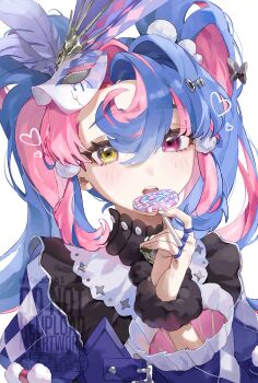 1girl blue_hair candy commentary_request food heterochromia highres holding holding_candy holding_food holding_lollipop kado_51 lollipop looking_at_viewer multicolored_hair open_mouth pink_eyes pink_hair roccia_(wuthering_waves) solo teeth twintails two-tone_hair upper_teeth_only wuthering_waves yellow_eyes