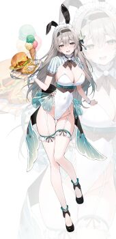1girl alternate_costume animal_ears aqua_hair black_headband black_shoes blush breasts burger cleavage commentary_request fake_animal_ears firefly_(honkai:_star_rail) food french_fries frilled_hairband frills full_body green_eyes grey_hair hair_between_eyes hairband hand_up headband highleg highleg_leotard highres holding holding_tray honkai:_star_rail honkai_(series) ice_cream ice_cream_cone large_breasts lemonpear leotard long_hair looking_at_viewer multicolored_hair open_mouth rabbit_ears shoes shrug_(clothing) strapless strapless_leotard tray very_long_hair white_hairband white_leotard white_wrist_cuffs wrist_cuffs zoom_layer