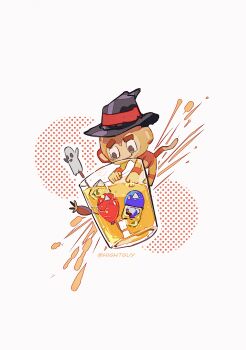 animal animal_focus artist_name balloon black_eyes black_hat bloons_tower_defense brown_fur brown_tail chinese_commentary closed_mouth commentary_request crack cracked_glass cup dart dart_monkey drink drinking_glass film_grain ghost halftone halftone_background hat hat_ribbon highres hightguy ice ice_cube looking_down monkey no_humans red_ribbon ribbon simple_background smirk solo toothpick white_background witch_hat