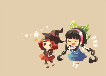 Rule 34 | > <, 2girls, :o, belt, black hair, black hat, black jacket, black pantyhose, blazer, blue gem, blue serafuku, blue shirt, blue skirt, blunt bangs, blunt ends, blush stickers, bob cut, boots, bow, bowtie, brown boots, brown eyes, brown sandals, brown vest, buttons, casting spell, chabashira tenko, cheering, chibi, collared jacket, collared shirt, commentary request, crest, danganronpa (series), danganronpa v3: killing harmony, dot nose, floral print, footwear ribbon, frilled skirt, frills, gem, gem hair ornament, green bow, grey shirt, hair bow, hair ornament, hair ribbon, hairband, hairclip, happy, hat, hat belt, hitofutarai, holding, holding wand, jacket, kneehighs, lapels, long hair, long sleeves, looking ahead, low twintails, midriff, miniskirt, mole, mole under mouth, multi-tied hair, multiple girls, notched lapels, notice lines, open clothes, open jacket, open mouth, pantyhose, pink belt, pink hairband, pleated skirt, pointy boots, print bow, red hair, red skirt, ribbon, sailor collar, sandals, school uniform, serafuku, shirt, short hair, simple background, skirt, skirt set, sleeve cuffs, smile, socks, solid oval eyes, star (symbol), star wand, twintails, very long hair, vest, wand, white bow, white bowtie, white ribbon, white sailor collar, white socks, witch hat, yumeno himiko