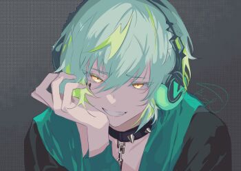 1boy chain collar dotted_background green_hair hand_on_own_face headphones highres kina_(2winkin) long_sleeves looking_at_viewer mikoshiba_kenta paradox_live smile solo spiked_collar spikes teeth watermark yellow_eyes