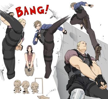 1girl 2boys black_gloves black_pants blonde_hair blue_shirt brown_hair brown_pants bulletproof_vest chibi collared_shirt curtained_hair fingerless_gloves gloves helena_harper holstered jack_krauser kicking knife_sheath large_pectorals leon_s._kennedy long_hair motion_blur multiple_boys multiple_views muscular muscular_male pants pectorals red_shirt resident_evil resident_evil_6 scar scar_on_face scar_on_mouth sheath shirt short_hair tatsumi_(psmhbpiuczn) translation_request