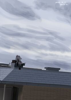 1girl 360_(taiyo360) absurdres angelina_(arknights) animal_ears arknights arm_rest black_shirt black_shorts box brown_hair dated day fox_ears fox_girl highres house kneehighs long_hair on_roof outdoors overcast shirt shoes shorts sitting sitting_on_object sky sky_focus sneakers socks solo timestamp twintails wide_shot