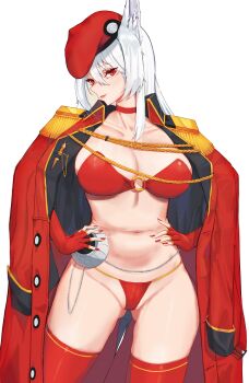 Rule 34 | 1girl, absurdres, animal ears, beret, bikini, breasts, choker, cleavage, coat, coat on shoulders, commentary, commentary request, commission, copyright request, english commentary, epaulettes, hair between eyes, hands on own hips, hat, highres, krabking, looking at viewer, military coat, navel, o-ring, o-ring bikini, red bikini, red choker, red coat, red eyes, red hat, red nails, red thighhighs, simple background, solo, standing, stomach, swimsuit, thighhighs, white background, white hair
