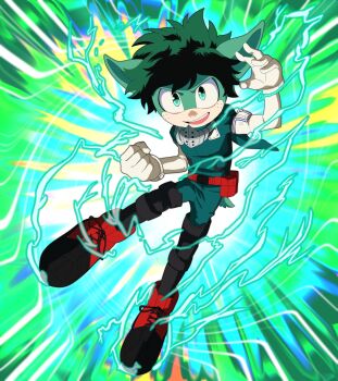 belt boku_no_hero_academia bones_(company) caballero_n._legater curly_hair freckles gloves green_eyes green_fur green_hair green_wool highres lighting_bolt midoriya_izuku sega sheep shoes shounen_jump smile sonic_(series) superhero_costume wool