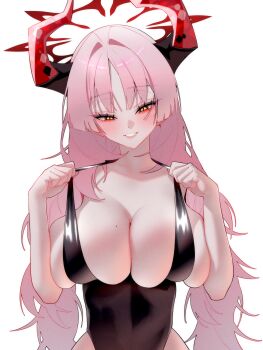 1girl absurdres agnamore alternate_costume black_one-piece_swimsuit blue_archive blush breast_press breasts breasts_squeezed_together cleavage collarbone deep_skin demon_horns facing_viewer female_pervert halo highres horns huge_breasts long_hair looking_at_viewer mole mole_on_breast multicolored_horns no_bra one-piece_swimsuit pervert pink_hair red_horns revealing_clothes satsuki_(blue_archive) bad_tag skindentation slit_pupils smile solo swimsuit veins veiny_breasts white_background yellow_eyes