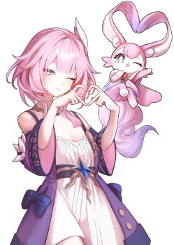 1girl absurdres bare_shoulders blue_eyes closed_mouth coat commentary cowboy_shot cyrene_(aedes_elysiae)_(honkai:_star_rail) cyrene_(honkai:_star_rail) dress dual_persona four-finger_heart_hands hair_ornament hands_up hashtag-only_commentary heart heart_hands highres honkai:_star_rail honkai_(series) jewelry looking_at_viewer medium_hair mem_(honkai:_star_rail) necklace neneneneko one_eye_closed pink_hair pink_pupils purple_coat simple_background smile white_background white_dress