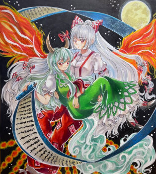 2girls black_shoes bow breasts carrying carrying_person collared_shirt commentary_request dress ex-keine fiery_tail fiery_wings fire fujiwara_no_mokou full_moon green_dress green_hair grey_hair hair_bow holding holding_scroll horn_bow horn_ornament horns kamishirasawa_keine large_breasts long_hair long_sleeves marker_(medium) mitsu~ moon multiple_girls multiple_hair_bows night ofuda ofuda_on_clothes pants princess_carry red_bow red_eyes red_pants scroll shirt shoes sky smile socks suspenders tail touhou traditional_media very_long_hair white_bow white_shirt white_socks wings yuri