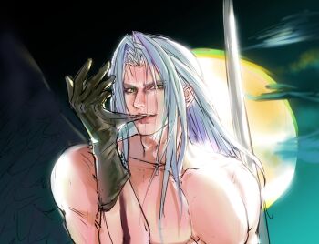 1boy biting biting_glove black_gloves black_wings blood blood_on_arm feathered_wings final_fantasy final_fantasy_vii full_moon furrowed_brow gloves green_eyes grey_hair hashtag-only_commentary highres holding holding_sword holding_weapon long_hair looking_at_viewer male_focus miotoaki moon muscular muscular_male parted_bangs sephiroth single_wing sketch slit_pupils solo sword topless_male upper_body weapon wings
