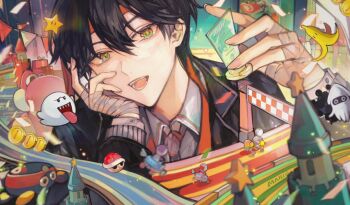 1boy banana_peel bandaged_hand bandages biddybuggy black_jacket blooper_(mario) boo_(mario) bunting castle coin collared_shirt commentary_request crossover green_eyes head_rest headband highres jacket kenmochi_touya looking_at_viewer male_focus mario_(series) mario_kart nijisanji nintendo open_mouth pennant red_headband red_shell_(mario) red_yoshi shirt solo string_of_flags super_star_(mario) teeth tsuta1218 upper_body virtual_youtuber yoshi