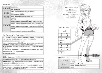 Rule 34 | 1girl, bare shoulders, boots, breasts, character profile, cleavage cutout, closed mouth, clothing cutout, cross-laced slit, dungeon ni deai wo motomeru no wa machigatteiru darou ka, elbow gloves, elf, gloves, greyscale, hair between eyes, hand on hilt, highres, monochrome, nilitsu, novel illustration, official art, pointy ears, ponytail, ryu lion, sheath, sheathed, shirt, shorts, sidelocks, sleeveless, sleeveless shirt, small breasts, solo, stats, sword, thigh boots, third-party source, translation request, turtleneck, turtleneck shirt, weapon