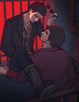 Rule 34 | barred window, beard, black boots, black pants, boots, brown hair, closed mouth, commentary request, earrings, facial hair, hair slicked back, holding, holding removed eyewear, industrial pipe, jewelry, kasuga ichiban, lace-up boots, looking at another, male focus, mature male, mustache, pants, print shirt, railing, ryuu ga gotoku (series), ryuu ga gotoku 7, shirt, sideburns, sitting, unworn eyewear, yaoi, yuuri (yuri83), zhao tianyou