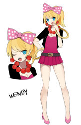Rule 34 | 1girl, ;o, bangle, belt, black jacket, bow, bracelet, breasts, character name, cleavage, dress, earrings, hair bow, hand on own hip, hand up, high heels, jacket, jewelry, looking at viewer, lzesmelt, mario (series), multiple views, nintendo, one eye closed, personification, pink bow, pink dress, pink footwear, pink nails, polka dot, polka dot bow, red necklace, small breasts, solo, standing, wendy o. koopa