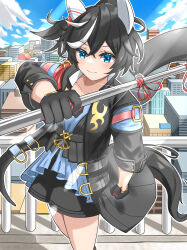 Rule 34 | 1girl, absurdres, animal ears, black coat, black gloves, black hair, black shorts, blue eyes, blue shirt, blue sky, blush, breasts, button gap, clenched hand, closed mouth, cloud, cloudy sky, coat, commentary request, cowboy shot, ear covers, fingerless gloves, flag, floating hair, gloves, hair between eyes, hair ornament, haruun520, highres, holding, holding flag, horse ears, horse girl, jacket, katsuragi ace (umamusume), lens flare, long sleeves, looking at viewer, medium hair, multicolored hair, open clothes, open jacket, outdoors, ponytail, red gloves, rooftop, shirt, short hair, shorts, sky, small breasts, smile, solo, sparkle, streaked hair, tassel, tassel hair ornament, two-tone gloves, umamusume, upper body, v-neck, white hair, wind