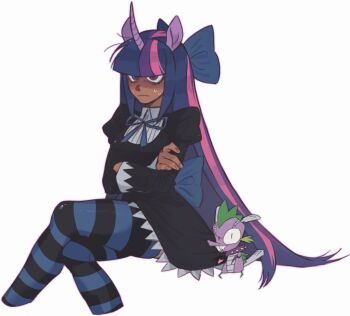 Rule 34 | 1boy, 1girl, alternate skin color, animal ears, black dress, blue eyes, blue hair, bow, chuck (psg), collar, color connection, cosplay, crossed arms, dark-skinned female, dark skin, dress, gothic lolita, hair bow, hair color connection, highres, horse ears, horse girl, lace trim, lolita fashion, mistigri0000, multicolored hair, my little pony, my little pony: equestria girls, my little pony: friendship is magic, panty &amp; stocking with garterbelt, pink streaks, purple streaks, sitting, spike (my little pony), spike (my little pony) (cosplay), spiked collar, spikes, stocking (psg), stocking (psg) (cosplay), streaked hair, striped clothes, striped hair, striped thighhighs, sweatdrop, thighhighs, twilight sparkle, twilight sparkle (human), unicorn horn, white background