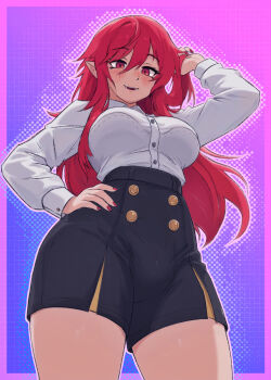 1girl blush border breasts buttons caffichai commentary commission cowboy_shot english_commentary fangs grid_background hair_between_eyes hand_on_own_hip highres large_breasts long_hair long_sleeves looking_at_viewer original outline outside_border parted_lips pink_background pink_border pink_outline playing_with_own_hair pointy_ears purple_background red_hair red_nails shirt shorts solo thick_thighs thighs variant_set white_shirt wing_collar