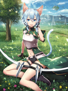 1girl :d animal_ears arm_support armor belt belt_buckle black_belt black_boots black_collar black_gloves black_ribbon black_shorts blue_sky blush boots bow_(weapon) breastplate buckle cat_ears cat_tail cloud coat collar day female_focus fingerless_gloves floating_island flower gabiran gloves grass green_coat hair_between_eyes hair_ribbon hand_in_own_hair landscape mountain navel on_ground open_mouth outdoors path pink_flower ribbon road round_teeth short_shorts shorts single_sleeve sinon sinon_(sao-alo) sitting sky smile solo sunlight sword_art_online tail teeth thigh_strap thighs tree tress_ribbon upper_teeth_only weapon wind yellow_flower yokozuwari